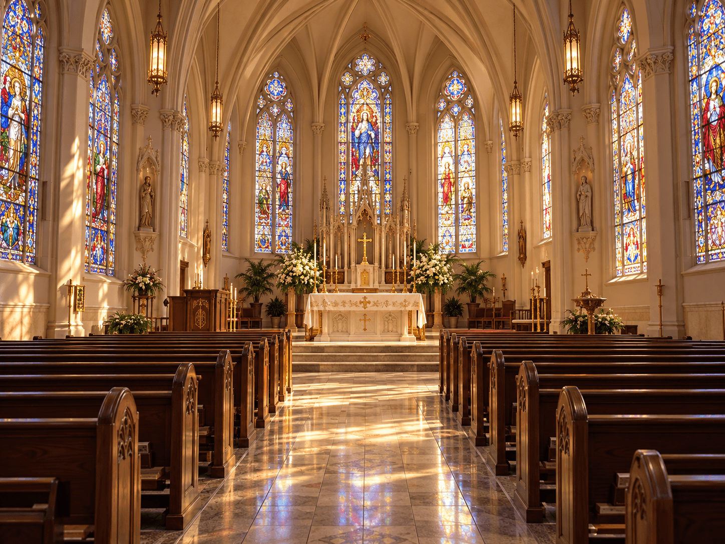 A sunlit church sanctuary with stained-glass windows